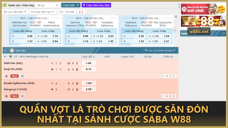 Quần vợt là trò chơi được săn đón nhất tại sảnh cược SABA W88